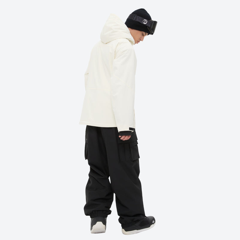 Men's 3-layer snowboard jacket and pants - cream jacket with black pants, for skiing and snowboarding