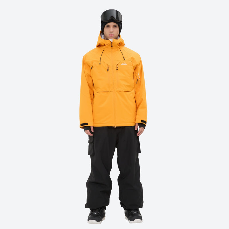 Men's 3-layer snowboard jacket and pants - amber orange jacket with black pants, for skiing and snowboarding