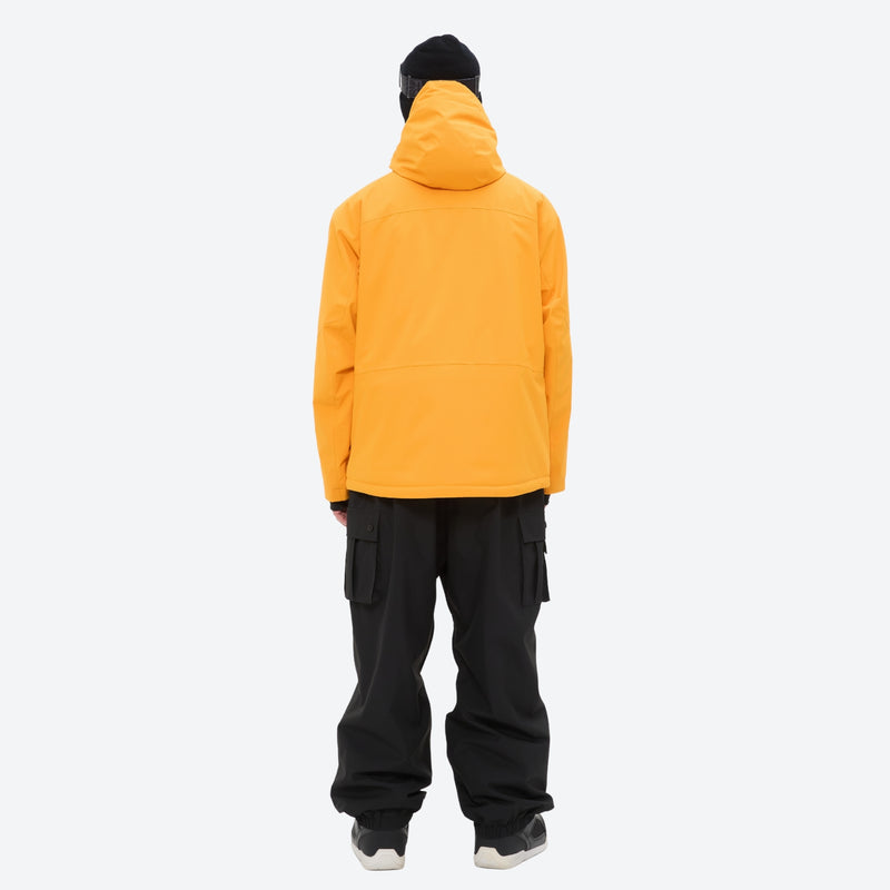 Men's 3-layer snowboard jacket and pants - amber orange jacket with black pants, for cold-weather winter sports