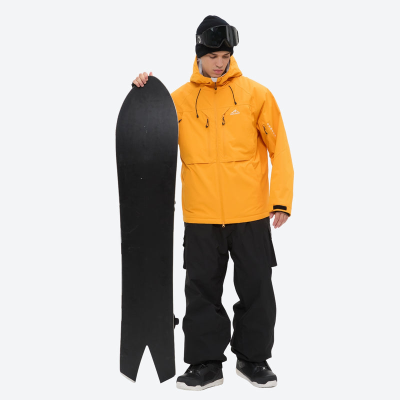 Men's breathable ski jacket and pants set - amber orange jacket with black pants, for cold-weather winter sports