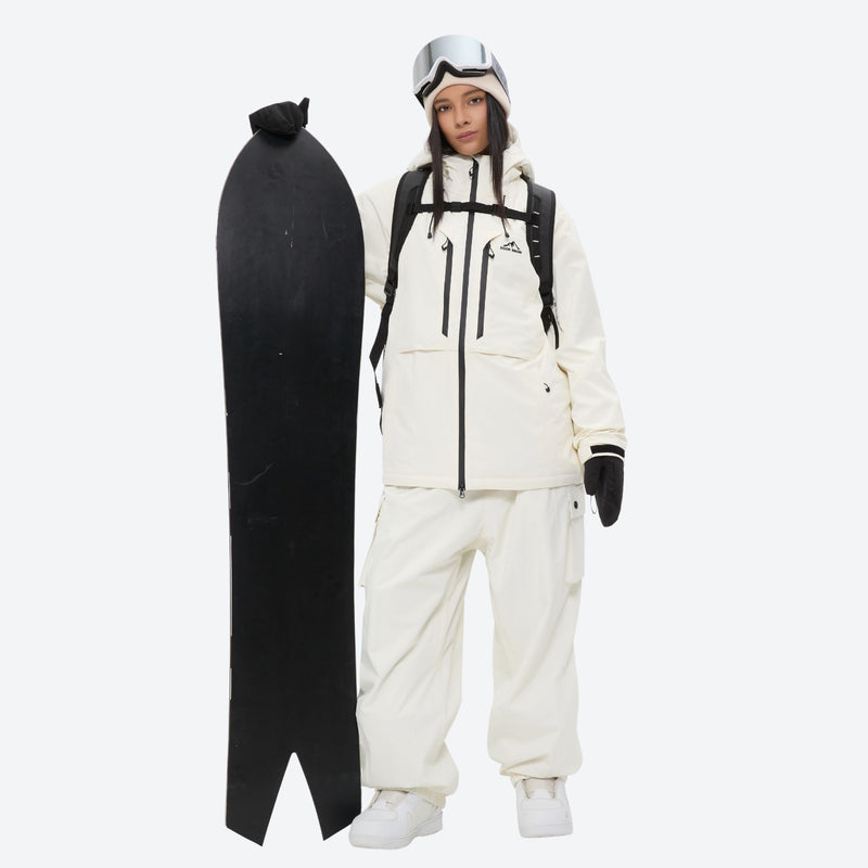 Women's breathable ski jacket and anorak set - white jacket with white pants, for resort and backcountry days