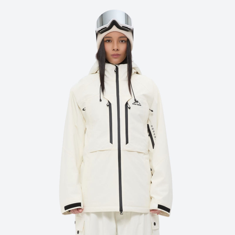 Women's breathable ski jacket and anorak set - white jacket, on-model front view, for resort and backcountry days