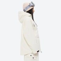 
                  
                    Women's waterproof 3L snow jacket and pants - white jacket, on-model side view, for powder and piste riding
                  
                
