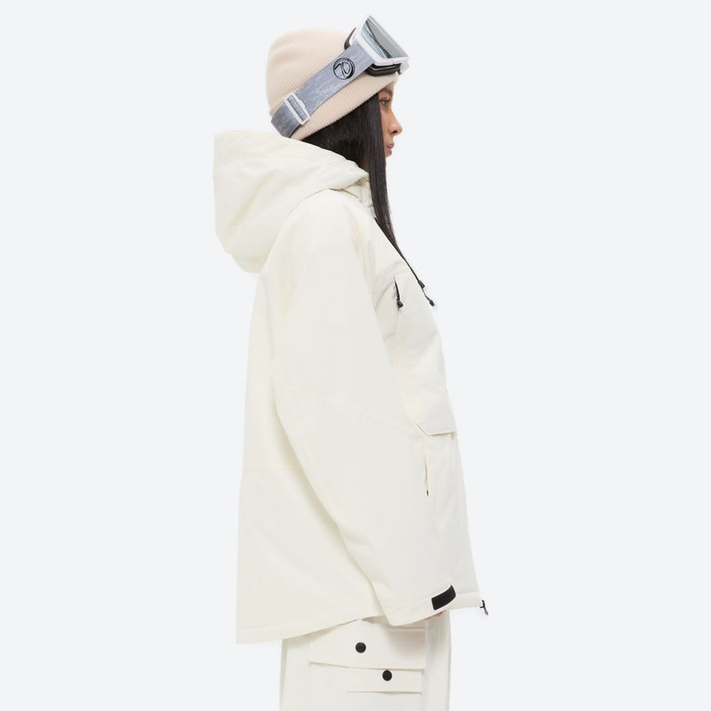 Women's waterproof 3L snow jacket and pants - white jacket, on-model side view, for powder and piste riding