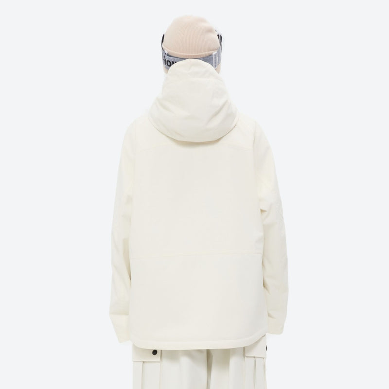 Women's breathable ski jacket and anorak set - white jacket, on-model back view, for cold-weather winter sports