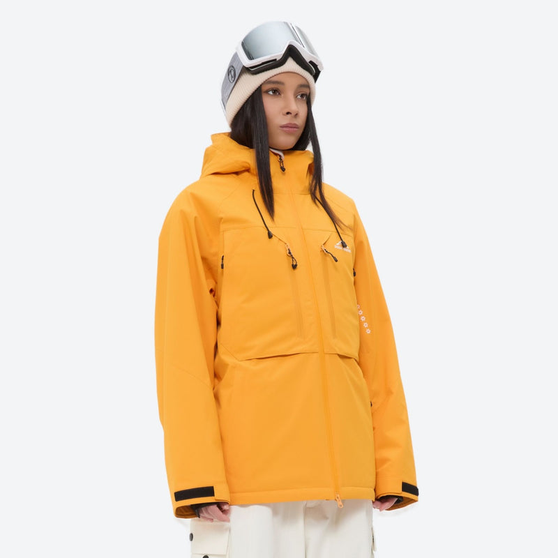 Women's breathable ski jacket and anorak set - mustard yellow anorak jacket, on-model front view, for powder and piste riding