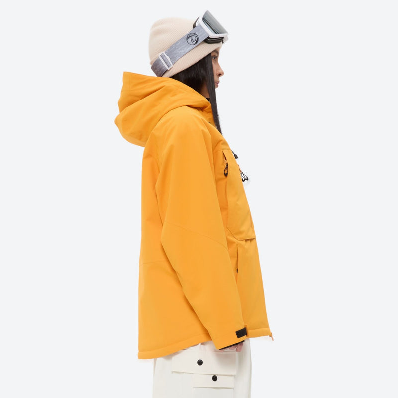 Women's waterproof 3L snow jacket and pants - mustard yellow anorak jacket, for resort and backcountry days