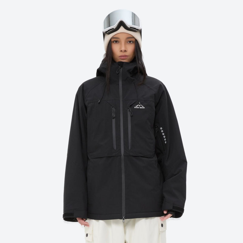 Women's waterproof 3L snow jacket and pants - black jacket, on-model front view, for powder and piste riding