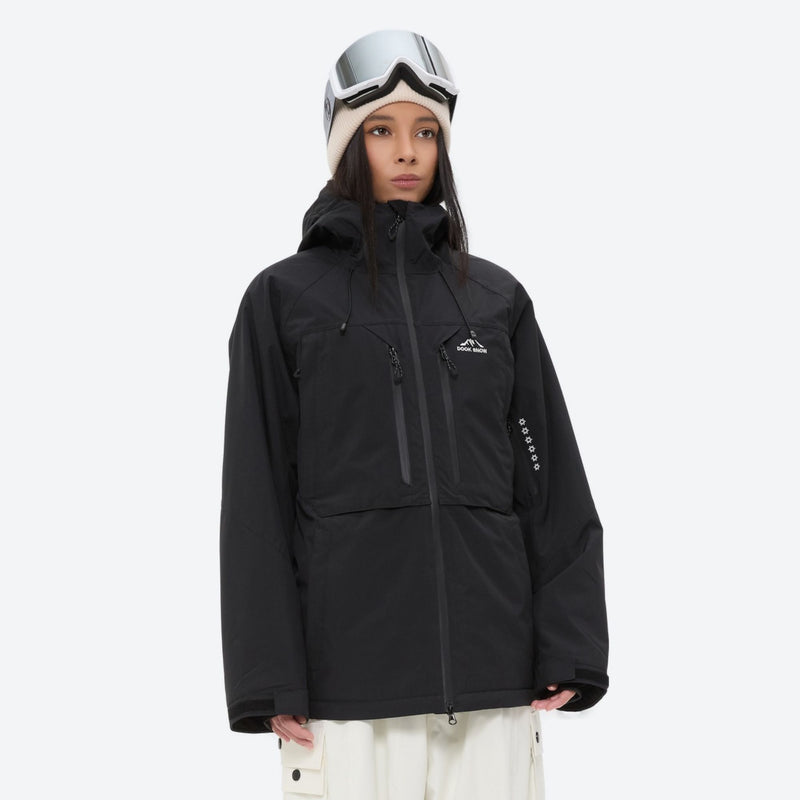 Women's 3-layer snowboard jacket and pants - black jacket, on-model front view, for skiing and snowboarding