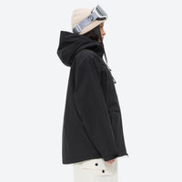 
                  
                    Women's waterproof 3L snow jacket and pants - black jacket, on-model hood side view, for resort and backcountry days
                  
                