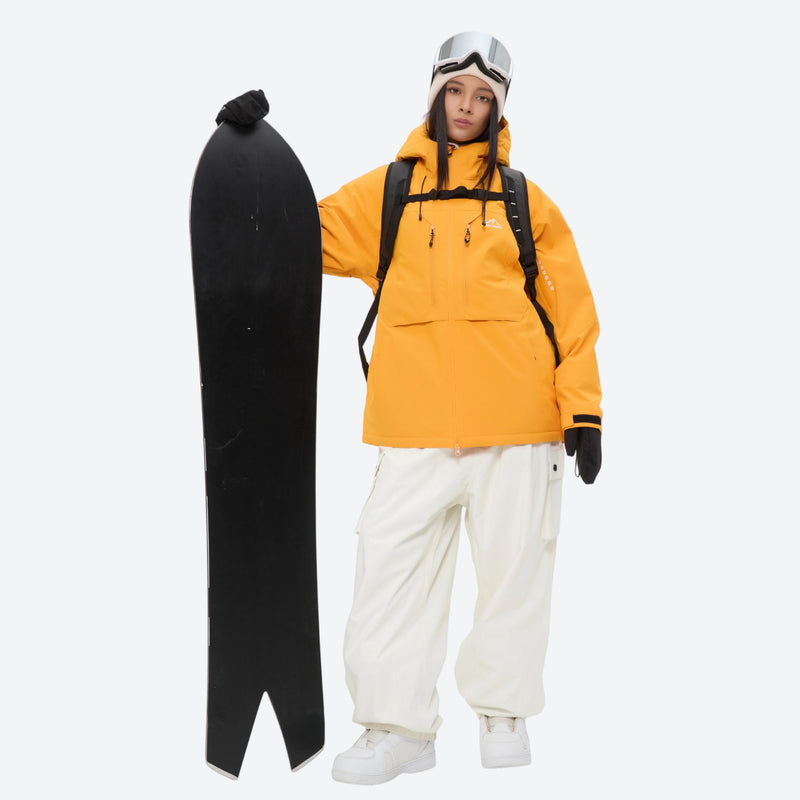 Women's breathable ski jacket and anorak set - mustard yellow anorak jacket with white pants, for resort and backcountry days
