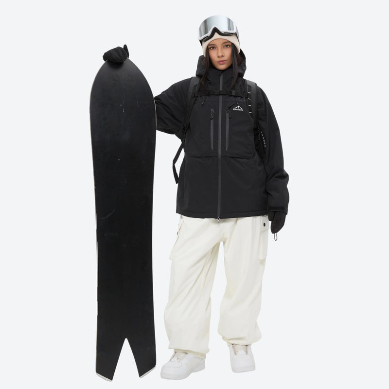 Women's breathable ski jacket and anorak set - black jacket with white pants, for skiing and snowboarding