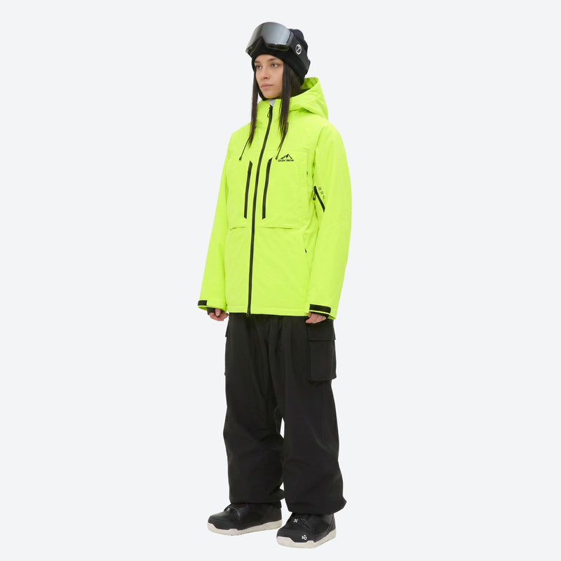 Women's 3-layer snowboard jacket and pants - neon green jacket with black pants, for cold-weather winter sports