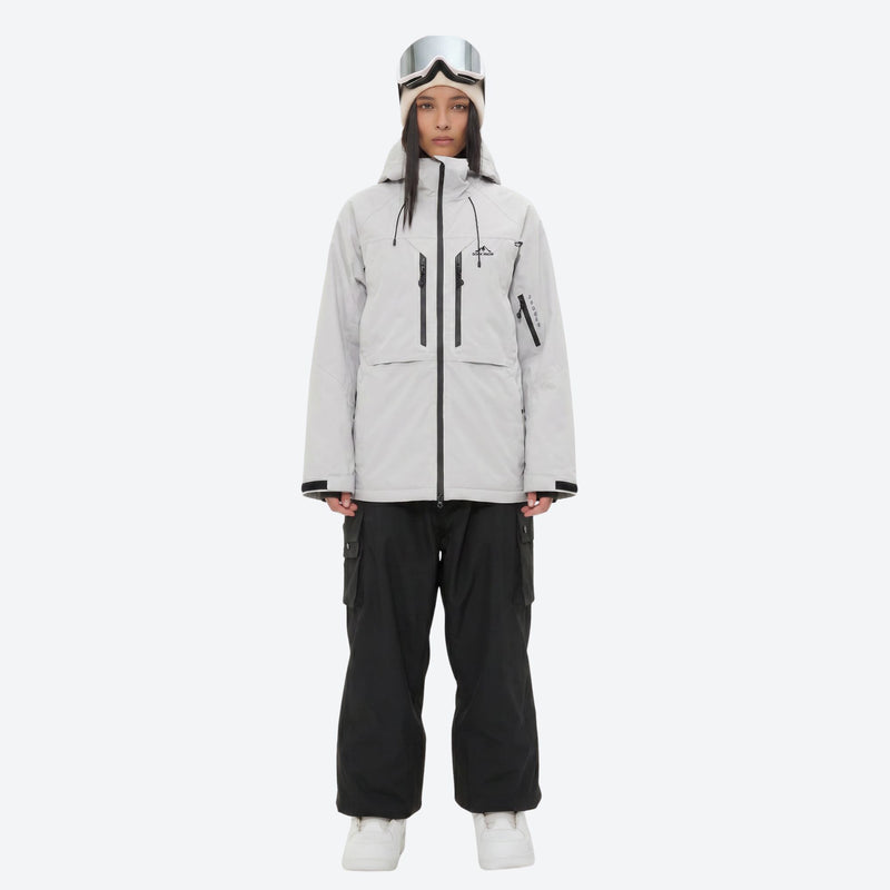 Women's breathable ski jacket and anorak set - light gray jacket with black pants, for resort and backcountry days
