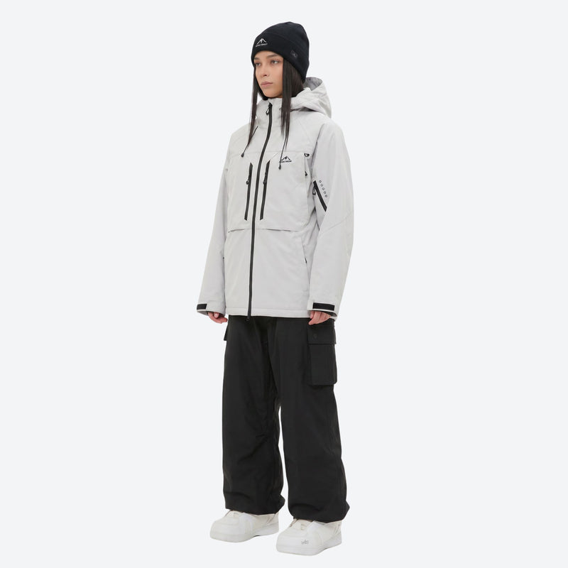 Women's 3-layer snowboard jacket and pants - light gray jacket with black pants, for powder and piste riding