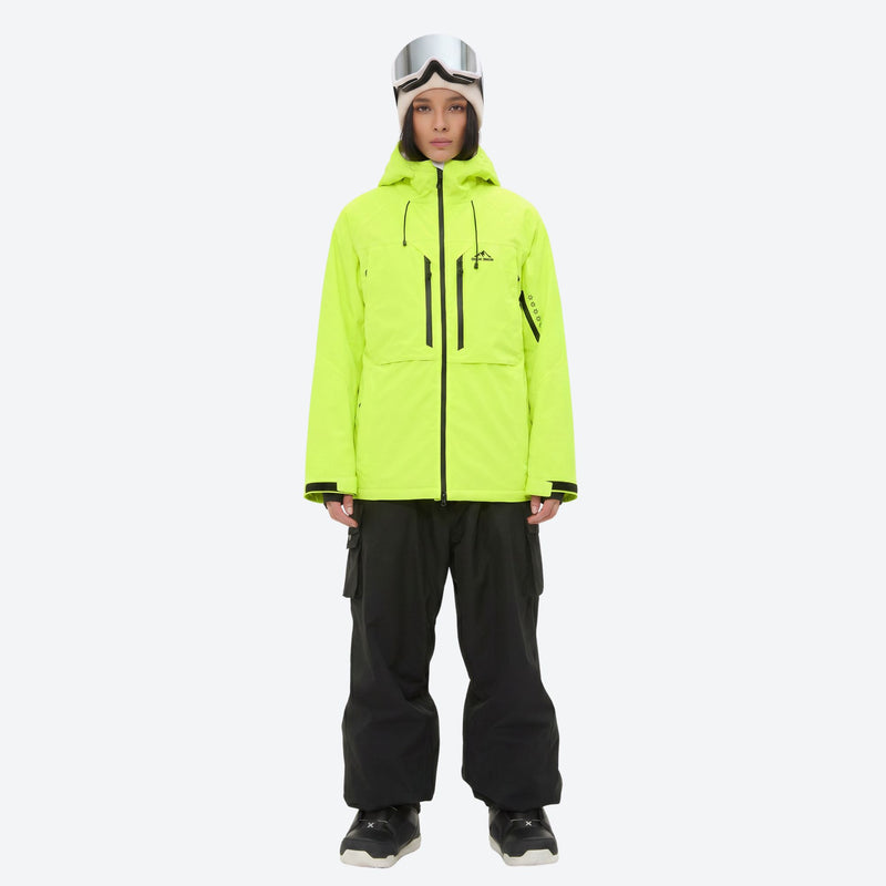 Women's breathable ski jacket and anorak set - neon green jacket with black pants, for powder and piste riding