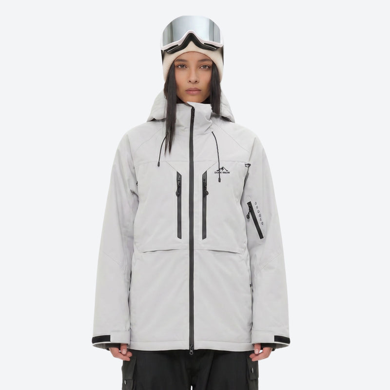 Women's waterproof 3L snow jacket and pants - light gray jacket, on-model front view, for skiing and snowboarding