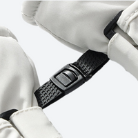 
                  
                    Comfort ski gloves with touchscreen fingertips - white snow glove strap, buckle strap close-up, for skiing and snowboarding
                  
                