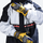 Letter print winter mittens for snow sports - yellow letter print snow mittens, jacket wear view, for winter mountain trips