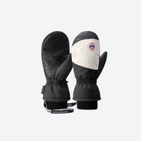 
                  
                    Insulated snow mittens for cold resort days - black and white snow mittens, pair front view, for winter mountain trips
                  
                