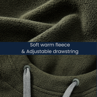 
                  
                    Warm fleece balaclava hood with drawstring - olive fleece hood facemask fabric, for skiing and snowboarding
                  
                