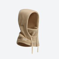 
                  
                    Warm fleece balaclava hood with drawstring - camel fleece hood facemask, angled product view, for winter mountain trips
                  
                