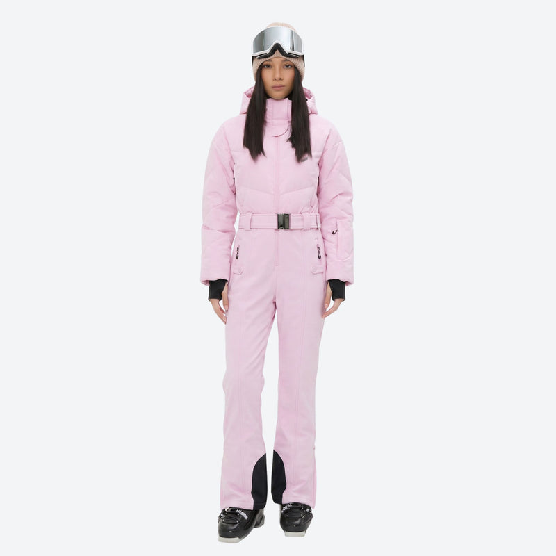 Women's breathable 3-layer jumpsuit ski suit - pink one-piece snow suit, on-model front view, for powder and piste riding