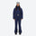 Women's breathable 3-layer jumpsuit ski suit - navy one-piece snow suit, on-model front view, for resort and backcountry days