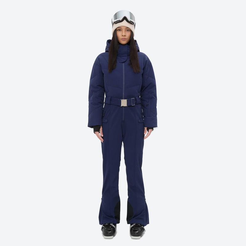 Women's breathable 3-layer jumpsuit ski suit - navy one-piece snow suit, on-model front view, for resort and backcountry days