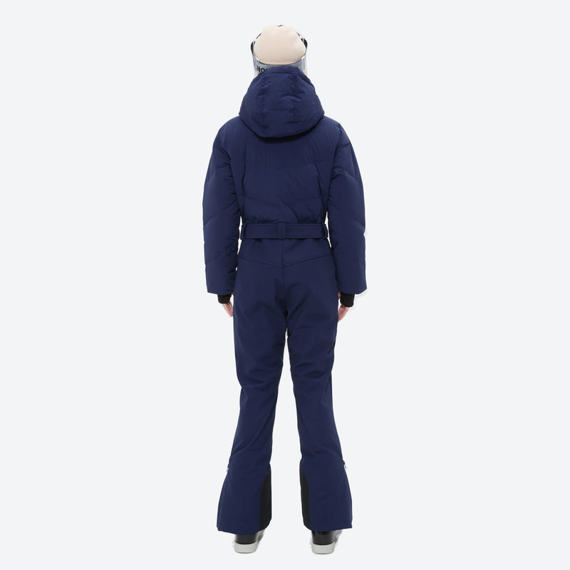 Women's one-piece snowboard suit with waist belt - navy one-piece snow suit, on-model back view, for skiing and snowboarding