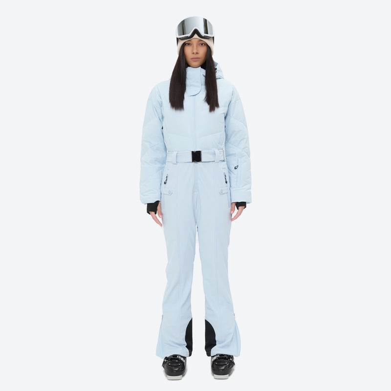 Women's one-piece snowboard suit with waist belt - ice blue one-piece snow suit, for resort and backcountry days
