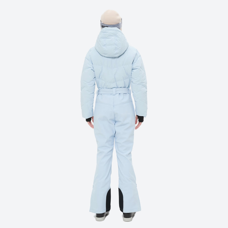 Women's one-piece snowboard suit with waist belt - ice blue one-piece snow suit, for cold-weather winter sports