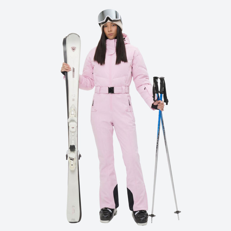 Women's one-piece snowboard suit with waist belt - pink one-piece snow suit, for cold-weather winter sports