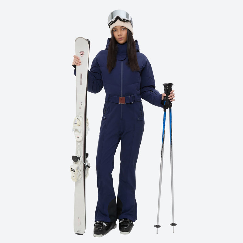 Women's one-piece snowboard suit with waist belt - navy one-piece snow suit, for powder and piste riding