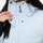 Women's one-piece snowboard suit with waist belt - ice blue, collar snap close-up with hand, for powder and piste riding