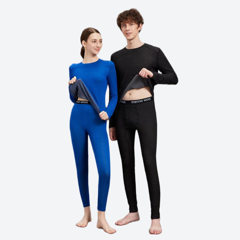 Merino wool compression base layer suit - blue and black merino compression suit couple, for layering under ski wear