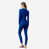 
                  
                    Merino wool compression base layer suit - blue merino compression base layer suit on women, for winter snow sports
                  
                