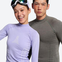 
                  
                    Breathable merino compression top and pants set - lavender and gray merino compression suit couple, for winter snow sports
                  
                