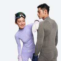 
                  
                    Merino wool compression base layer suit - lavender and gray merino compression suit couple, for layering under ski wear
                  
                