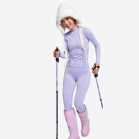
                  
                    Warm merino wool baselayer suit for snow sports - lavender merino compression base layer suit on women
                  
                