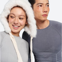 
                  
                    Warm merino wool baselayer suit for snow sports - gray merino compression suit couple with fur hood
                  
                