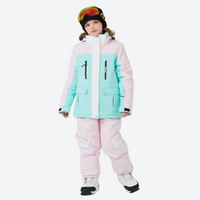 
                  
                    Kids colorblock snowboard jacket and pants set - mint pink colorblock kids jacket with pink pants, on-model front view
                  
                