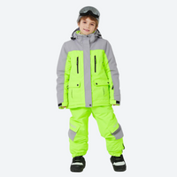 
                  
                    Kids breathable 2-layer ski suit with gaiters - neon green gray colorblock kids jacket with neon pants, on-model front view
                  
                
