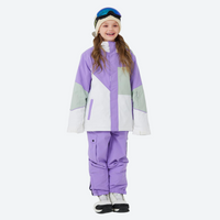
                  
                    Kids breathable 2-layer ski suit with gaiters - purple white colorblock kids jacket with purple pants, on-model front view
                  
                
