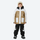 Kids breathable 2-layer ski suit with gaiters - tan white colorblock kids jacket with black pants, on-model front view