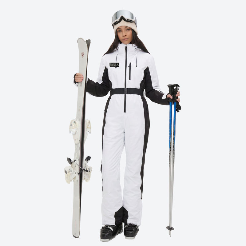 Women's one-piece snowboard suit with waist belt - white black one-piece snow suit, for powder and piste riding