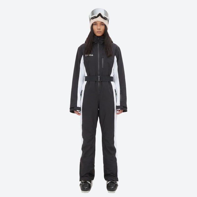 Women's one-piece snowboard suit with waist belt - black white one-piece snow suit, for resort and backcountry days