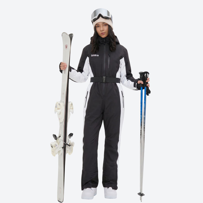 Women's waterproof one-piece snow suit - black white one-piece snow suit, for powder and piste riding