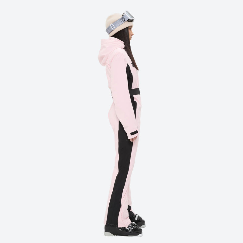 Women's one-piece snowboard suit with waist belt - pink black one-piece snow suit, for resort and backcountry days