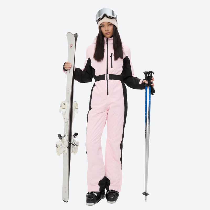 Women's one-piece snowboard suit with waist belt - pink black one-piece snow suit, for powder and piste riding